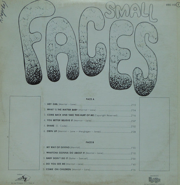 Image of Back Cover of LP - VG/VG+ - SMALL FACES, Small Faces (Disc'Az; STEC 112, France 1971, Laminated Front Sleeve), Stickers Stuck to Sleeve,  - 3326325E