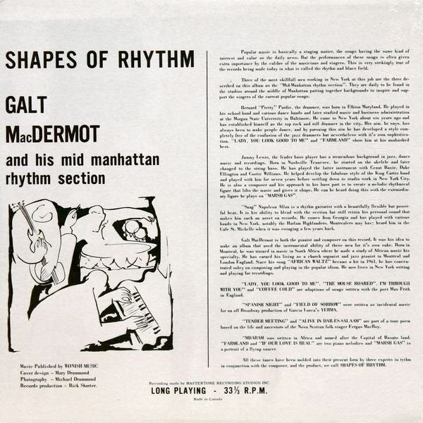Image of Back Cover of LP - VG/VG - GALT MACDERMOT, Shapes Of Rhythm (Kilmarnock; K 1001, Canada 1999 Reissue), Strong VG across the board.,  - 2316243C