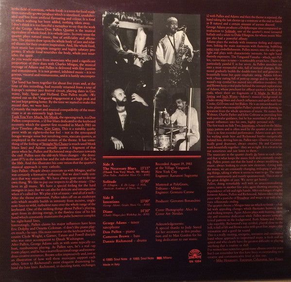 Image of Back Cover of 3024362E: LP - GEORGE ADAMS - DON PULLEN QUARTET, Live At Village Vanguard (Soul Note; SN 1094, Italy 1985, Laminated Sleeve)   VG+/VG+