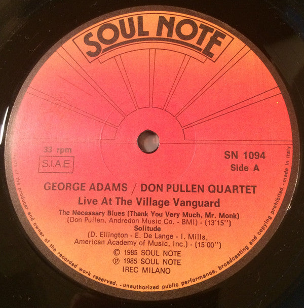 Image of Label Cover of 3024362E: LP - GEORGE ADAMS - DON PULLEN QUARTET, Live At Village Vanguard (Soul Note; SN 1094, Italy 1985, Laminated Sleeve)   VG+/VG+