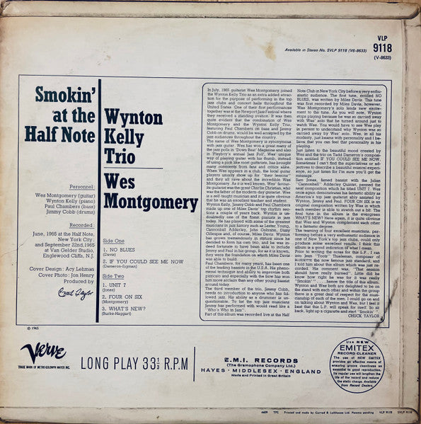 Image of Back Cover of 4825268E: LP - WYNTON KELLY TRIO / WES MONTGOMERY, Smokin' At The Half Note (Verve Records; VLP9118, UK 1965, Front Laminated Flipback Sleeve, Mono) Lovely Vinyl, Corner Bump And Light Edge Wear  VG/EX