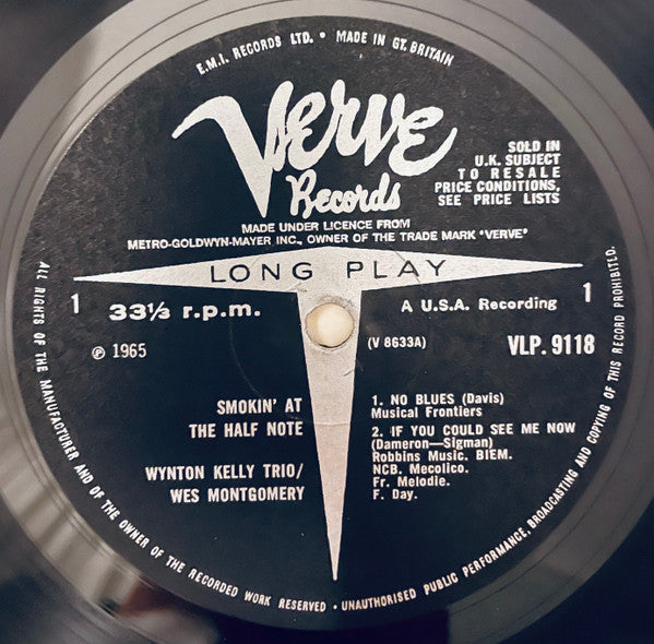 Image of Label Cover of 4825268E: LP - WYNTON KELLY TRIO / WES MONTGOMERY, Smokin' At The Half Note (Verve Records; VLP9118, UK 1965, Front Laminated Flipback Sleeve, Mono) Lovely Vinyl, Corner Bump And Light Edge Wear  VG/EX