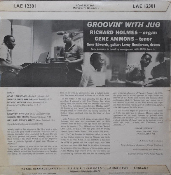 Image of Back Cover of LP - G+/VG - RICHARD HOLMES & GENE AMMONS, Groovin' With Jug (Vogue Records; LAE 12301, UK 1962, Laminated Flipback Sleeve, Mono), Light background clicks in quieter parts only. Multiple light creasing on sleeve.,  - 4246170S