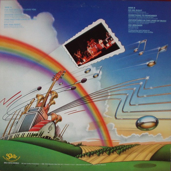 Image of Back Cover of 5114371C: LP - DYNASTY, Adventures In The Land Of Music (Solar; BXL1-3576, US 1980, Picture Sleeve, Inner) Edge of record fogged on B-side. Sleeve has liquid damage and staining; wear and creasing. Inner split and damaged with writing and stains  G+/G