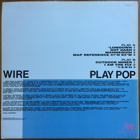 Image of Back Cover of 4724451E: LP - WIRE, Wire Play Pop (The Pink Label; Pinky 7, UK 1986, Picture Sleeve)   VG/VG