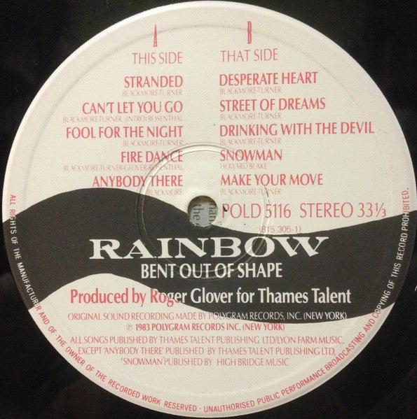 Image of Label Cover of 2515437C: LP - RAINBOW, Bent Out Of Shape (Polydor; POLD 5116, UK 1983, Inner)   VG+/VG+