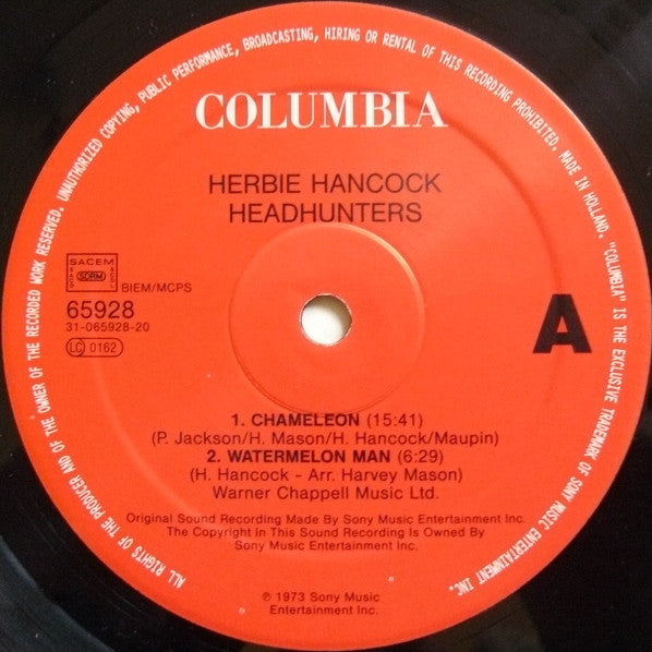 Image of Label Cover of LP - VG+/VG - HERBIE HANCOCK, Head Hunters (Columbia; 65928, UK & Europe 1992 Reissue), Record very slightly dished,  - 3016318C