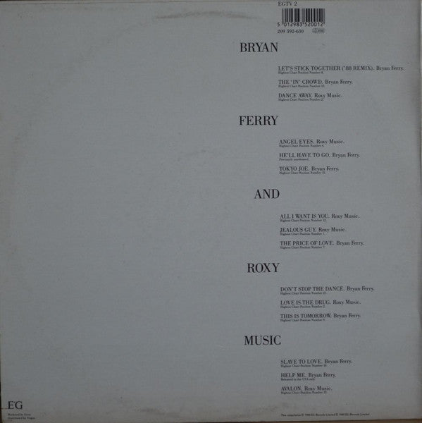 Image of Back Cover of LP - VG+/VG - BRYAN FERRY / ROXY MUSIC, Bryan Ferry - The Ultimate Collection With Roxy Music (EG; EGTV 2, UK 1988, Inner), ,  - 3116261C
