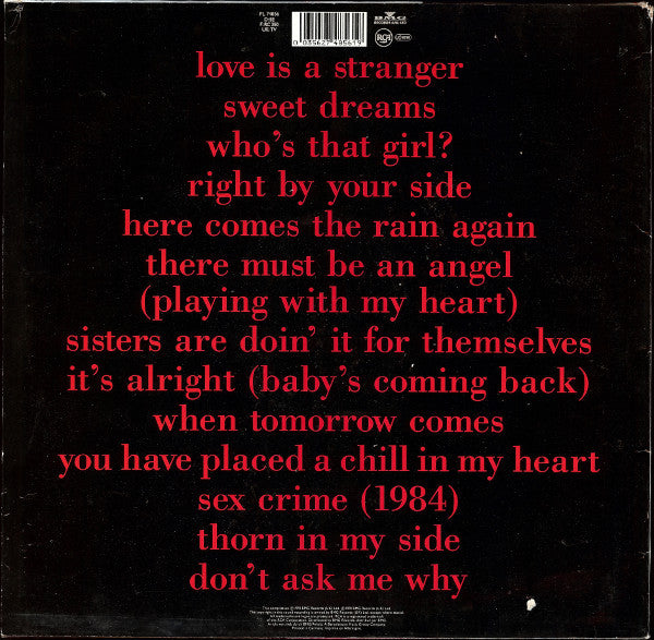 Image of Back Cover of LP - VG/G+ - EURYTHMICS, Greatest Hits (RCA; PL 74856, Europe 1991, Inner), Worn sleeve.,  - 2316436C