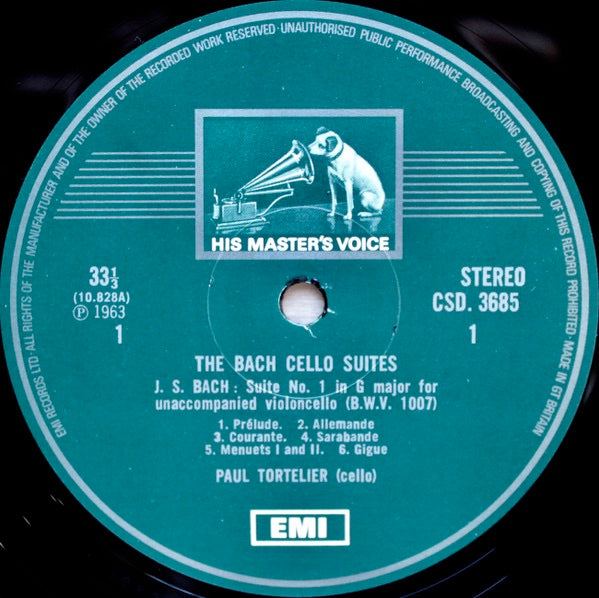 Image of Label Cover of 3xLP - VG+/VG+ - PAUL TORTELIER, J S Bach: The Cello Suites (EMI Dark Green and Silver Label; SLS 798, UK 1963, Box Set, Insert), ,  - 0726103E