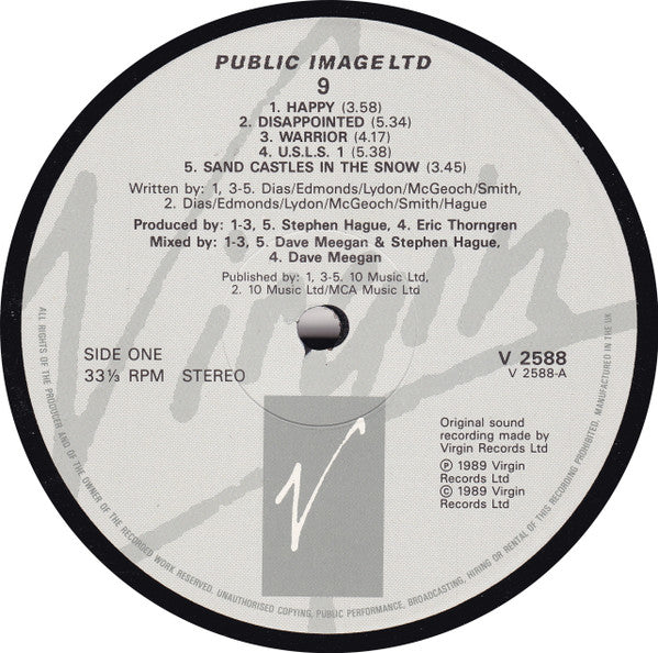 Image of Label Cover of LP - VG+/VG - PUBLIC IMAGE LIMITED (PIL), 9 (Virgin; V2588, UK 1989, Inner), ,  - 1716370C