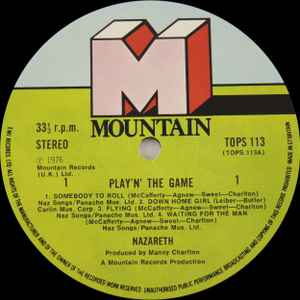 Image of Label Cover of LP - VG/G+ - NAZARETH, Play'n' The Game (Mountain; TOPS 113, UK 1976, Inner), Hairlines and surface marks all over disc. Small sticker damage on front of sleeve, seam spit to inner, edge and ring wear. ,  - 1326471E