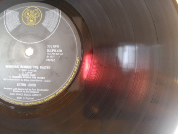 Image of Label Cover of LP - VG+/VG+ - ELTON JOHN, Madman Across The Water (DJM Records, Black Yellow and Silver; DJLPH 420, UK 1971, Textured Gatefold Sleeve, Stapled In Booklet, Tranco Pressing), A2/B4 . - Lovely Copy,  - 4026192E