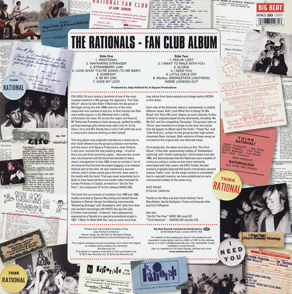 Image of Back Cover of LP - VG+/EX - THE RATIONALS, Fan Club Album (Big Beat Records; WIKD 293, UK 2010 Reissue), ,  - 3626269E