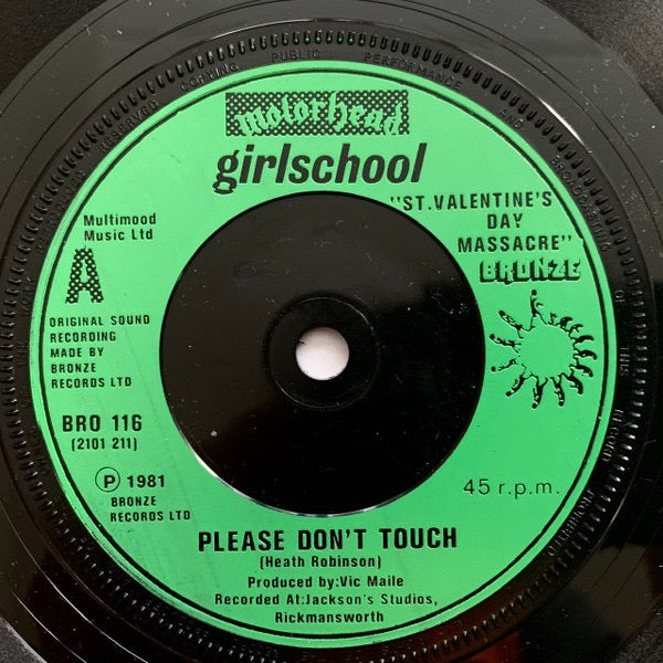 Image of Label Cover of 2214397C: 7" EP - MOT RHEAD / GIRLSCHOOL, St Valentines Day Massacre (Bronze; BRO 116, UK 1981, Picture Sleeve, PRS Pressing. Moror Music Ltd Publishing B1)   VG+/VG+