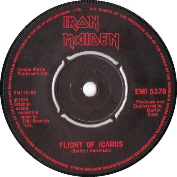 Image of Label Cover of 7" - VG/VG - IRON MAIDEN, Flight Of Icarus (EMI Black & Red Labels; EMI 5378, UK 1983, Picture Sleeve, 4-Prong Centre), ,  - 3116276C