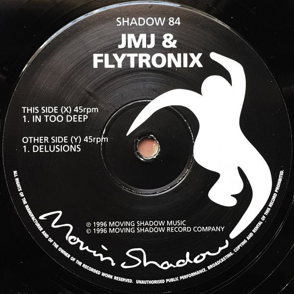 Image of Label Cover of 12" - VG/VG - JMJ & FLYTRONIX, In Too Deep / Delusions (Moving Shadow; SHADOW 84, UK 1996, Picture Sleeve), A few marks and scuffs but still a decent VG. Sleeve has some ring and edge wear.,  - 4326401E