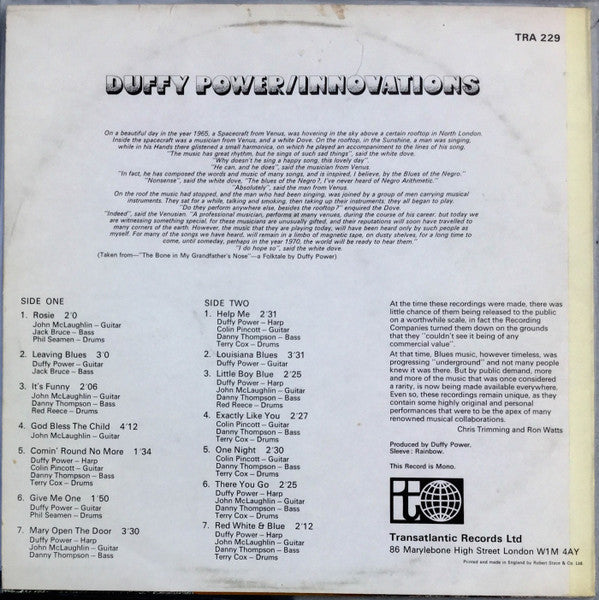Image of Back Cover of LP - VG/G+ - DUFFY POWER, Innovations (Transatlantic White/Purple; TRA 229, UK 1971, Laminated Sleeve, Mono), Light Click on B1 and B2,  - 3526163E