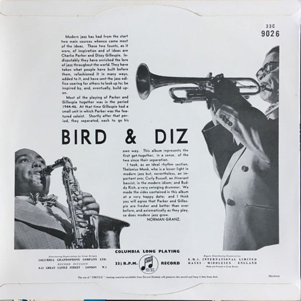 Image of Back Cover of 10" LP - G/VG - CHARLIE PARKER AND DIZZY GILLESPIE, Bird And Diz (Columbia; 33C 9026, UK 1956, Laminated Flipback Sleeve, Mono), Sleeve reverse is badly ripped and has been tapped together, but the front sleeve is still nice to look at. Disc has a few light marks here and there.,  - 1616249C