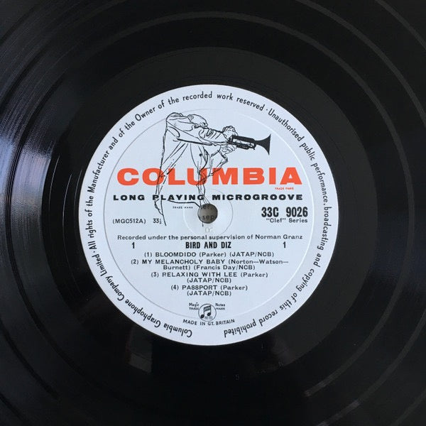 Image of Label Cover of 10" LP - G/VG - CHARLIE PARKER AND DIZZY GILLESPIE, Bird And Diz (Columbia; 33C 9026, UK 1956, Laminated Flipback Sleeve, Mono), Sleeve reverse is badly ripped and has been tapped together, but the front sleeve is still nice to look at. Disc has a few light marks here and there.,  - 1616249C
