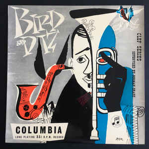 Image of Front Cover of 10" LP - G/VG - CHARLIE PARKER AND DIZZY GILLESPIE, Bird And Diz (Columbia; 33C 9026, UK 1956, Laminated Flipback Sleeve, Mono), Sleeve reverse is badly ripped and has been tapped together, but the front sleeve is still nice to look at. Disc has a few light marks here and there.,  - 1616249C