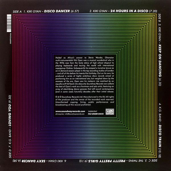 Image of Back Cover of 2xLP - NEW/NEW - KIKI GYAN, 24 Hours In A Disco 1978-82 (Soundway; SNDWLP047, UK 2012, Insert), , Hailed as Africa's answer to Stevie Wonder, Ghanaian multi-instrumentalist Kiki Gyan was a musical wunderkind who by 1975 had risen from the lowly status of high school dropout to being ranked eighth in a poll of the greatest keyboardists in the world. Soundway records now collects the best of Gyan's work as a frontman and solo artist, featuring an array of electrifying disco grooves that