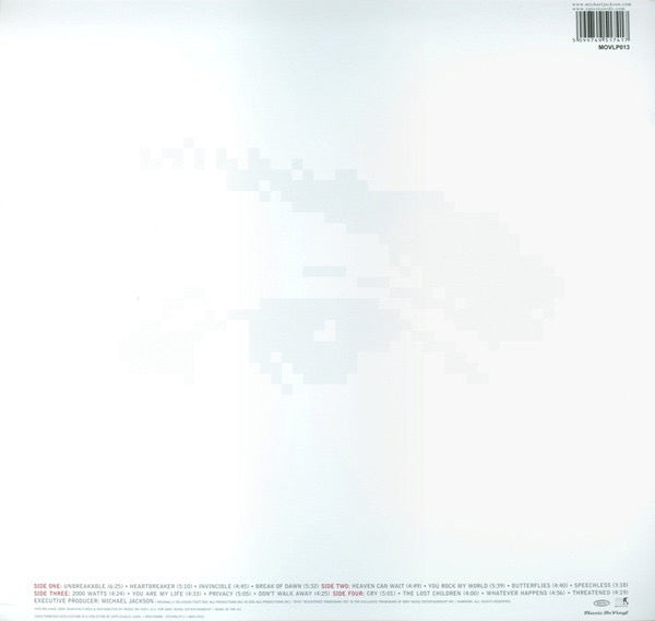 Image of Back Cover of 2xLP - VG+/VG - MICHAEL JACKSON, Invincible (Epic ; 4951741000, Europe 2001, Picture Sleeve, 2 Inners), Sleeve is nicely intact with hype sticker. There are a few light knocks to spine and a tiny patch of sticker residue but is otherwise EX. Inners are EX. Discs have some superficial storage marks from card inners and there is a very very slight warp to disc 2. Both discs play great!,  - 3316136C