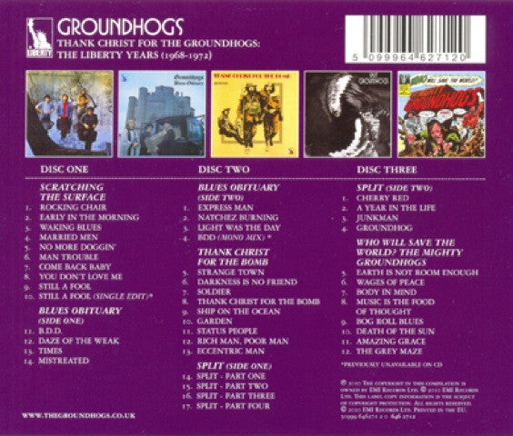 Image of Back Cover of 3634037E: 3xCD - GROUNDHOGS, Thank Christ For The Groundhogs: The Liberty Years (1968-1972) (EMI; 50999 646271 2 0, Europe 2010, Box Set, Booklet)   VG+/EX