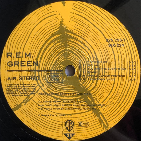 Image of Label Cover of LP - VG+/VG+ - R.E.M., Green (WB; WX 234, Europe 1988, Stickered Picture Sleeve, Inner, Translucent (slightly) Grey/Brown vinyl ), ,  - 3926166E