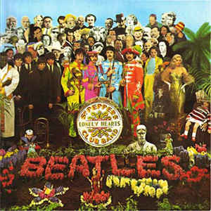 Image of Front Cover of 0115059C: LP - THE BEATLES, Sgt. Pepper's Lonely Hearts Club Band (Parlophone Black/Yellow; PMC 7027, UK 1967, Gatefold "FOURTH PROOF" Sleeve, Inner & Insert, Mono 1st Press, Wide Spine. Fourth Proof & AR D 13217 inside gatefold.) Sleeve has light wear and small creases along spine, plus tiny bit of damage on spine.  VG/G