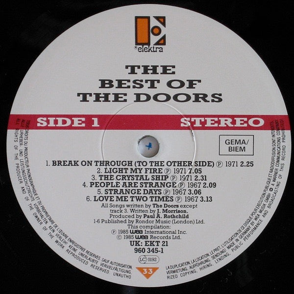 Image of Label Cover of 5144178S: 2xLP - THE DOORS, The Best Of The Doors (Elektra; EKT 21, Europe 1985, Gatefold, Black Writing on Front Sleeve)   VG/VG