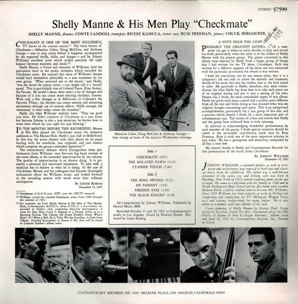 Image of Back Cover of LP - VG+/VG - SHELLY MANNE & HIS MEN, Shelly Manne & His Men Play "Checkmate" (Contemporary Records; S7599, US 1970 Reissue, Pasteback Sleeve), Strong VG, superficial signs of clouds only.,  - 2446289S