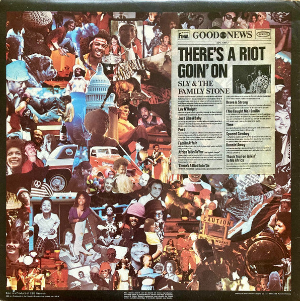 Image of Back Cover of LP - G+/G+ - SLY & THE FAMILY STONE, There's A Riot Goin' On (Epic; EPC 64613, UK 1971, Unstickered Gatefold, Insert), Many hairlines on the record - plays with some crackle. Insert crumpled. Sleeve has edgewear, creases, ringwear and name written inside gatefold. ,  - 2226056E