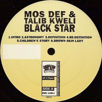 Image of Label Cover of LP - VG/G - BLACK STAR, Mos Def & Talib Kweli Are Black Star (Rawkus; RWK 1158-1, US 1998, Picture Sleeve, Insert), Record very marked. Sleeve in shrink and has some wear / creasing along opening. Writing on labels,  - 3716344C