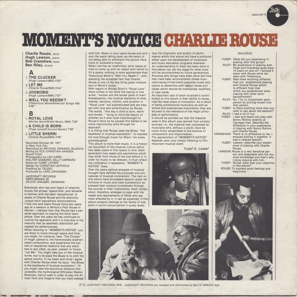 Image of Back Cover of LP - VG/VG+ - CHARLIE ROUSE, Moment's Notice (Jazzcraft Records; Jazzcraft 4, Denmark 1978, Picture Sleeve), Ring Wear,  - 2946244S