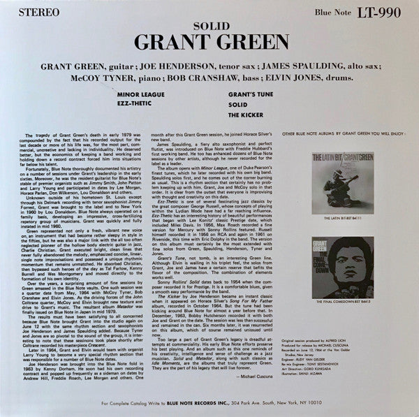 Image of Back Cover of LP - VG/VG+ - GRANT GREEN, Solid (Blue Note; LT-990, Blue Note    LT 990, US 2009 Reissue, Picture Sleeve), ,  - 3326231E