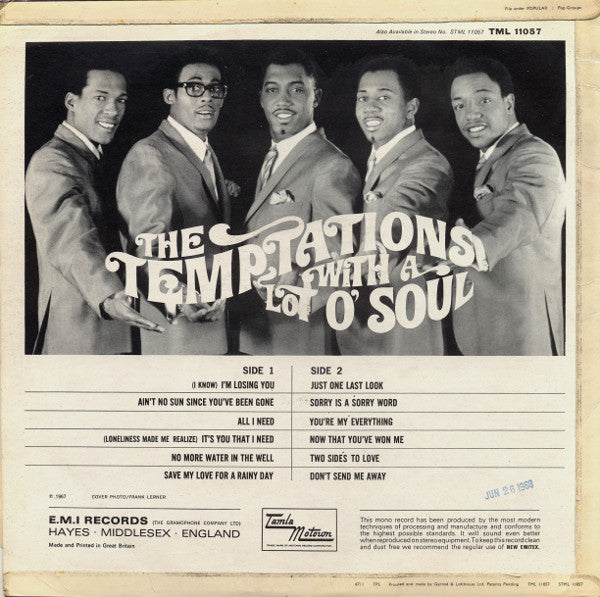 Image of Back Cover of 3644062S: LP - THE TEMPTATIONS, With A Lot O' Soul (Tamla Motown; TML 11057, UK 1967, Laminated Flipback Sleeve, Mono) Cover has heavy creasing and delamination. Bottom left corner is torn. Disc is visually a G+ but plays strong and punchy, great sound.   G+/G+