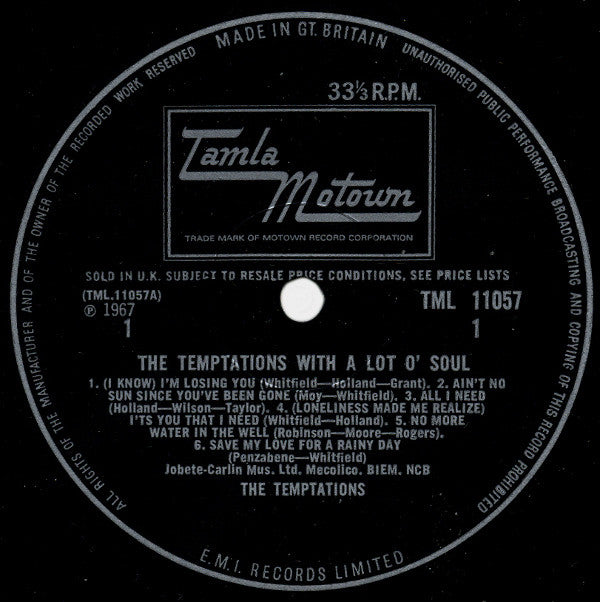 Image of Label of 3644062S: LP - THE TEMPTATIONS, With A Lot O' Soul (Tamla Motown; TML 11057, UK 1967, Laminated Flipback Sleeve, Mono) Cover has heavy creasing and delamination. Bottom left corner is torn. Disc is visually a G+ but plays strong and punchy, great sound.   G+/G+