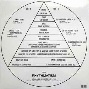 Image of Back Cover of 5024013E: LP - STEVE REID, Rhythmatism (Soul Jazz Records; SJR LP448, UK 2019 Reissue, Company Inner, White Vinyl) Strong VG, conservative grading. a few light hairlines only. sleeve has very light corner bump and some light creasing.  VG+/VG