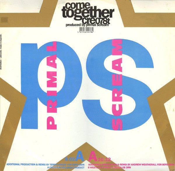 Image of Back Cover of 0715393C: 12" - PRIMAL SCREAM, Come Together (Creation Records; cre 078t, UK 1990, MPO Runouts) All round Strong VG  VG/VG