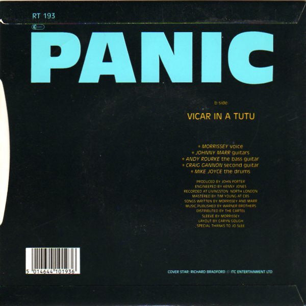 Image of Back Cover of 7" - VG/G+ - THE SMITHS, Panic / Vicar In A Tutu (Rough Trade Push-Out Centre; RT 193, UK 1986, No Stickers, EMI Pressing), Old stamp on inside of sleeve opening. Hairlines across disc.,  - 4056084S