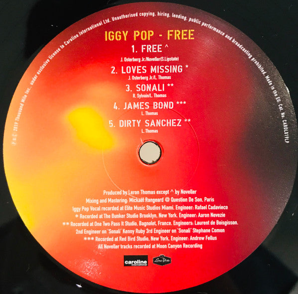 Image of Label Cover of 5024132E: LP - IGGY POP, Free (Caroline International; CAROL019LP, Europe 2019, Inner)   VG+/VG