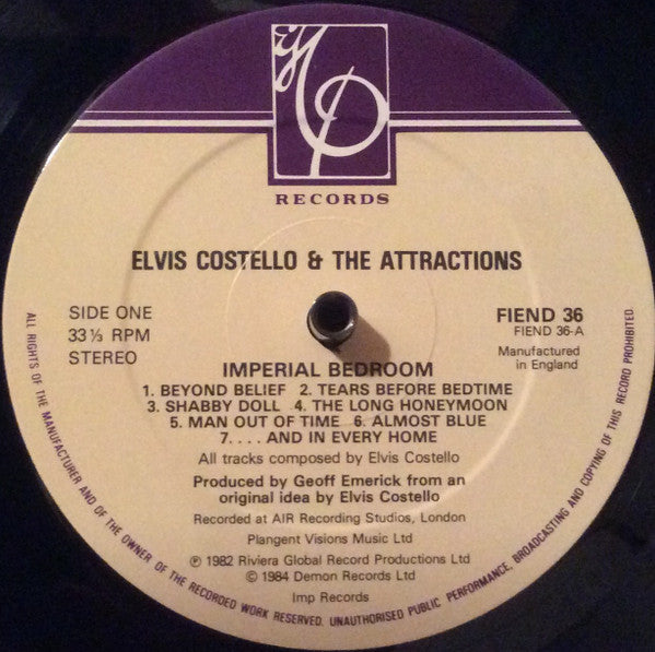 Image of Label Cover of LP - VG+/VG - ELVIS COSTELLO AND THE ATTRACTIONS, Imperial Bedroom (Imp Records; FIEND 36, UK 1984 Reissue, Inner, No Barcode.), ,  - 2526230E