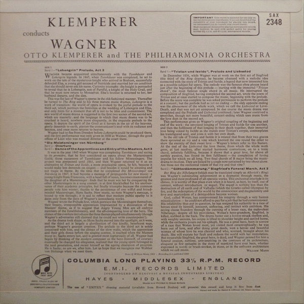 Image of Back Cover of 2924157E: LP - OTTO KLEMPERER, THE PHILHARMONIA ORCHESTRA, Klemperer Conducts Wagner - Lohengrin, Meistersinger, Tristan, Gotterdamerung (Columbia Light Blue and Silver Inteference Pattern Label; SAX 2348, UK 1960, Laminated Flipback Sleeve, Stereo) Top Flipback Torn  VG/VG