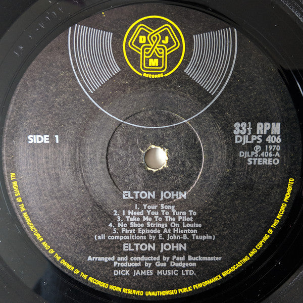 Image of Label Cover of LP - VG/VG - ELTON JOHN, Elton John (DJM Black Yellow and Silver; DJLPS 406, UK 1970, Textured Gatefold, A4/B1. NO Made in England on labels.), ,  - 2426035E