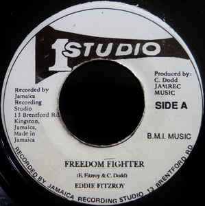 Image of Front Cover of 7" - /G+ - EDDIE FITZROY, Freedom Fighter (Studio One; none, Jamaica Reissue, Plain Sleeve), Marks and scuffs; more notable ones on B-side. Labels cut and pressed off centre,  - 3416358C