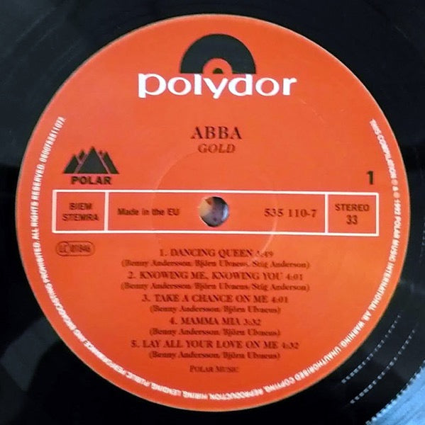 Image of Label Cover of 2xLP - VG/VG - ABBA, Gold (Greatest Hits) (Polar; 0600753511060, Europe 2014 Reissue, 2 Inners, Remastered, 180 Gram, 40th Anniversary. MPO), Light marks only on record. Still in opened shrink, some creasing and wear to edges of inners.,  - 2726283E