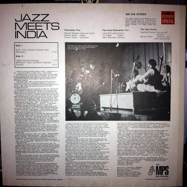 Image of Back Cover of LP - VG/VG+ - DEWAN MOTIHAR TRIO, IRENE SCHWEIZER TRIO, MANFRED SCHOOF, BARNEY WILEN, Jazz Meets India (Polydor; 545018, UK 1969 Reissue, Laminated Front Sleeve), Minor laminate creasing, ring wear on back,  - 4146188S
