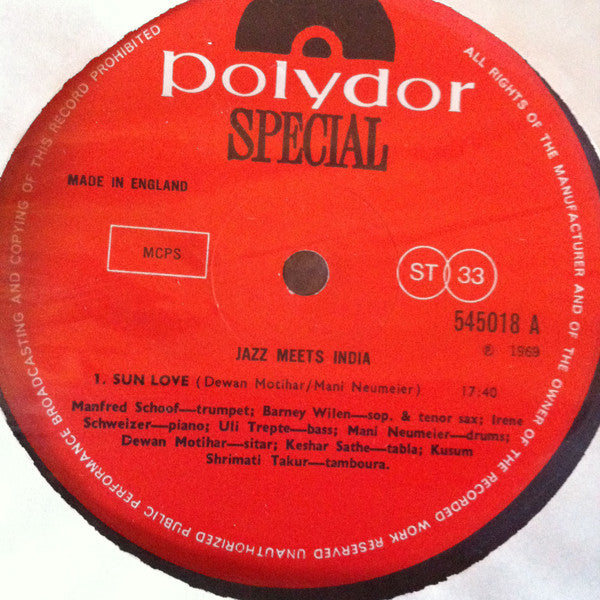 Image of Label Cover of LP - VG/VG+ - DEWAN MOTIHAR TRIO, IRENE SCHWEIZER TRIO, MANFRED SCHOOF, BARNEY WILEN, Jazz Meets India (Polydor; 545018, UK 1969 Reissue, Laminated Front Sleeve), Minor laminate creasing, ring wear on back,  - 4146188S