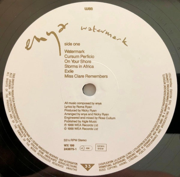 Image of Label Cover of 1324403E: LP - ENYA, Watermark (WEA; WX274, Europe 1988, Inner, "Published by Aigle Music" on A Side label )   VG/VG+